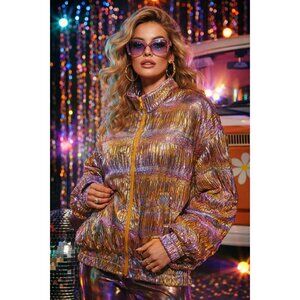 Ocean Accents Iridescent Metallic Retro Glam Puffer Jacket Size L